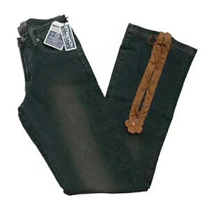 NWT Waist Size 29 Y2K Dark Wash Lace Up Flower Denim Flared Jeans Festival Boho